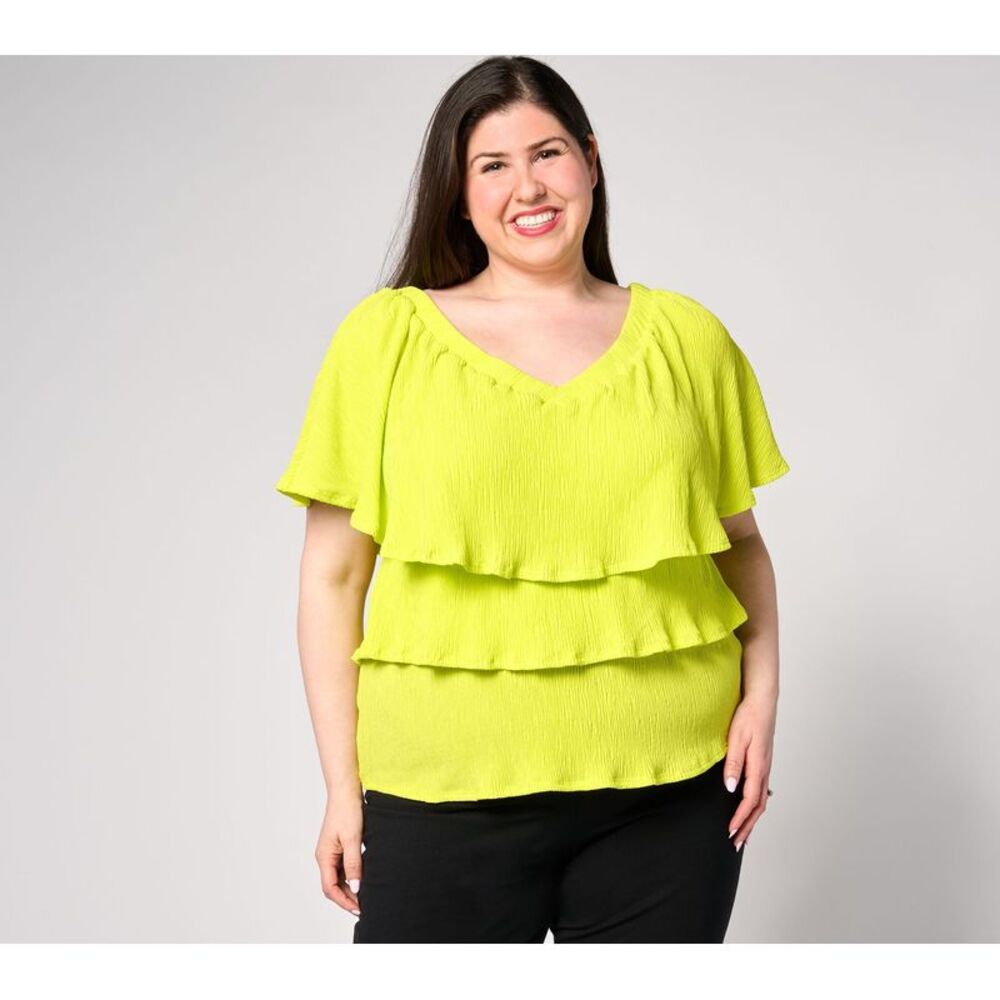 Women Control Women's Top Sz 2XS (XXS) Crinkle Knit Tiered Ruffle Yellow